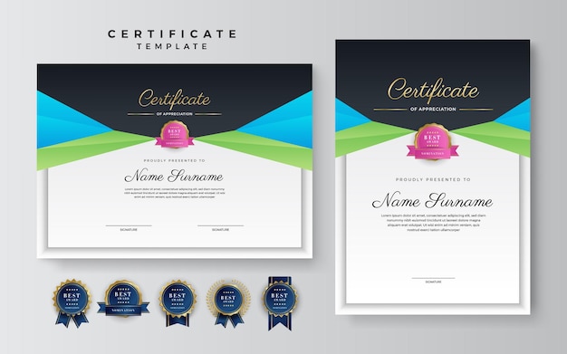 Vector plantilla de logro de reconocimiento de premio de diseño de certificado colorido moderno certificado con diploma de patrón de lujo ilustración vectorial y diseño de insignias premium de lujo con vintage y etiquetas