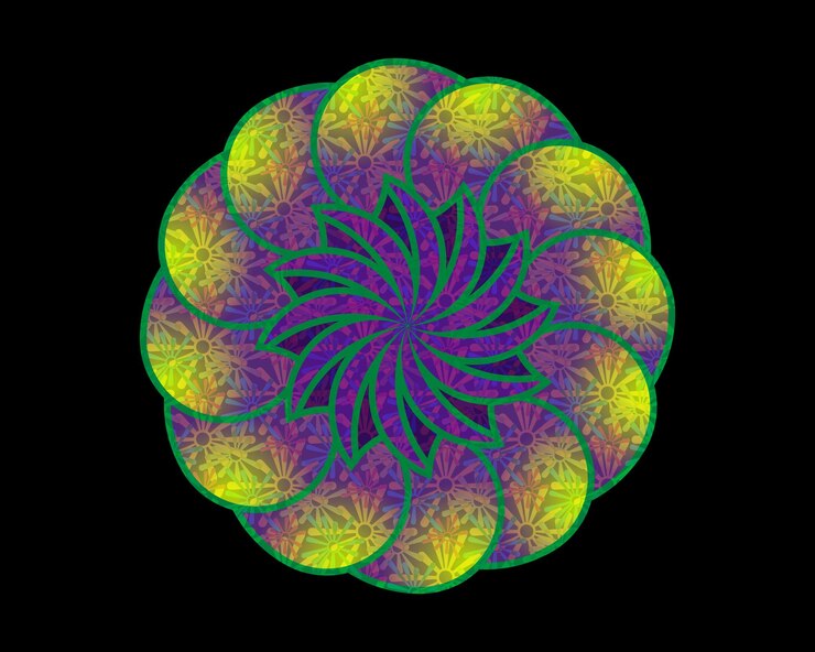 Vector plantilla de mandala sagrada colorida para imprimir diseño redondo flores elemento aislado fondo negro