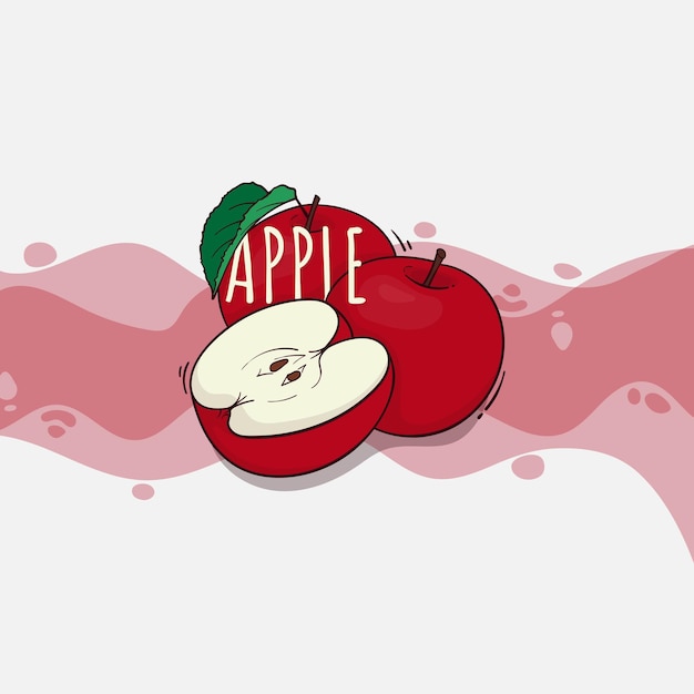 Plantilla de manzana roja en diseño de dibujos animados con texto de manzana para diseño de plantilla de publicidad de jugo