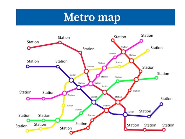 Plantilla de mapa de metro de metro Plan de transporte de la ciudad metro tren o red de carreteras de autobús Concepto de ruta abstracta con estaciones aisladas sobre fondo blanco