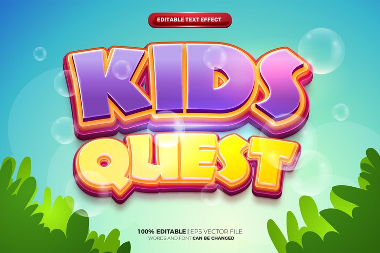 Vector plantilla de maqueta de logotipo 3d de cómic de dibujos animados de kids quest estilo de efecto de texto editable