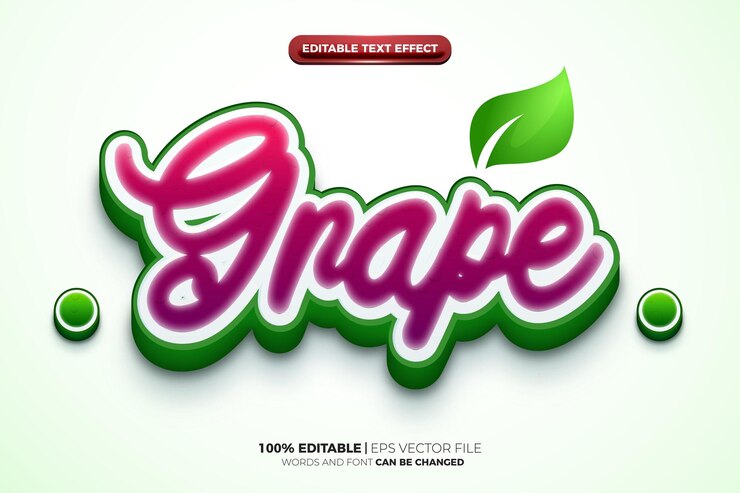 Vector plantilla de maqueta de logotipo 3d fresco de naturaleza verde de uva púrpura estilo de efecto de texto editable