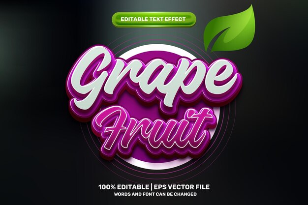 Plantilla de maqueta de logotipo 3D de fruta de uva fresca natural Estilo de efecto de texto editable