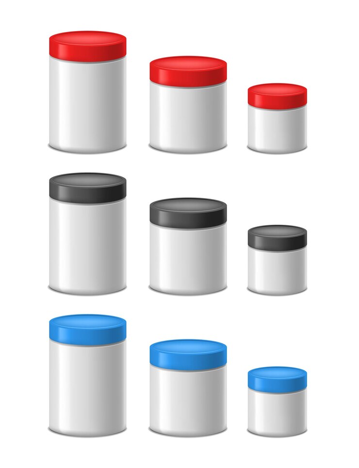 Vector plantilla de maqueta vacía 3d detallada realista frasco de plástico translúcido blanco y tapa de color conjunto de diferentes tipos ilustración vectorial de frascos de maqueta