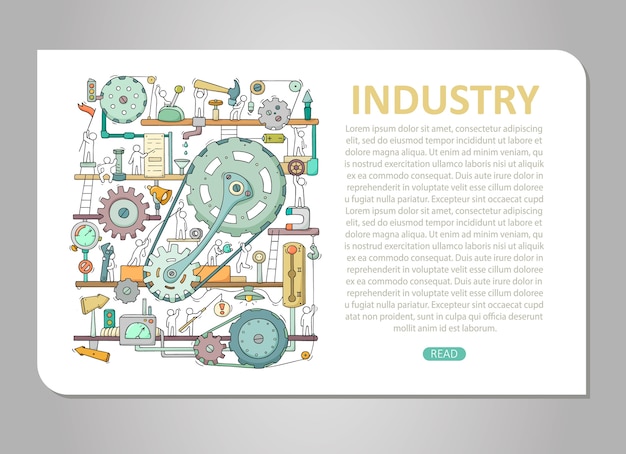 Vector plantilla de maquinaria con espacio para texto. doodle mecanismo de dibujos animados con personas y ruedas dentadas. ilustración dibujada a mano para el diseño de negocios e industria aislado en blanco.