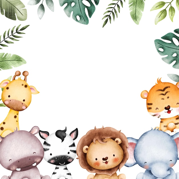 Plantilla de marco de animales de safari de bebé de ilustración de acuarela