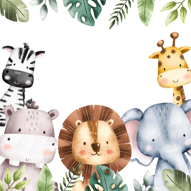 Plantilla de marco de animales de safari de ilustración de acuarela