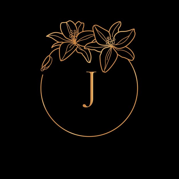 Plantilla de marco dorado Lily Flower y concepto de monograma con la letra J en estilo lineal mínimo. Vector logo floral con espacio de copia de texto. Emblema para Cosméticos, Moda, Belleza