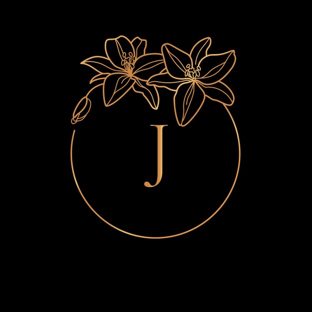 Plantilla de marco dorado lily flower y concepto de monograma con la letra j en estilo lineal mínimo. vector logo floral con espacio de copia de texto. emblema para cosméticos, moda, belleza