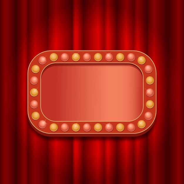 Plantilla de marco en estilo retro con bombillas en el fondo de una cortina roja Banner para casino de circo