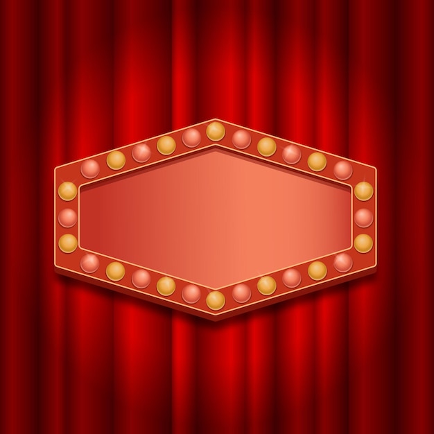 Plantilla de marco en estilo retro con bombillas en el fondo de una cortina roja Banner para casino de circo