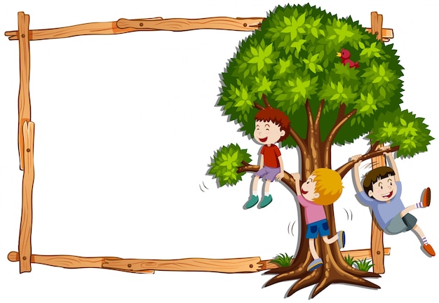 Vector plantilla de marco con niños subiendo al árbol