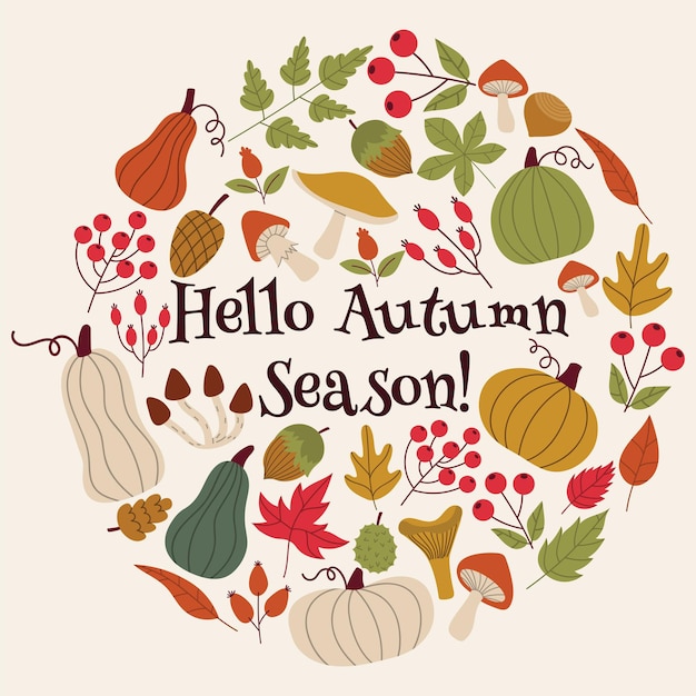 plantilla de marco redondo decorativo de otoño con elementos de otoño Hola tarjeta de otoño en estilo plano