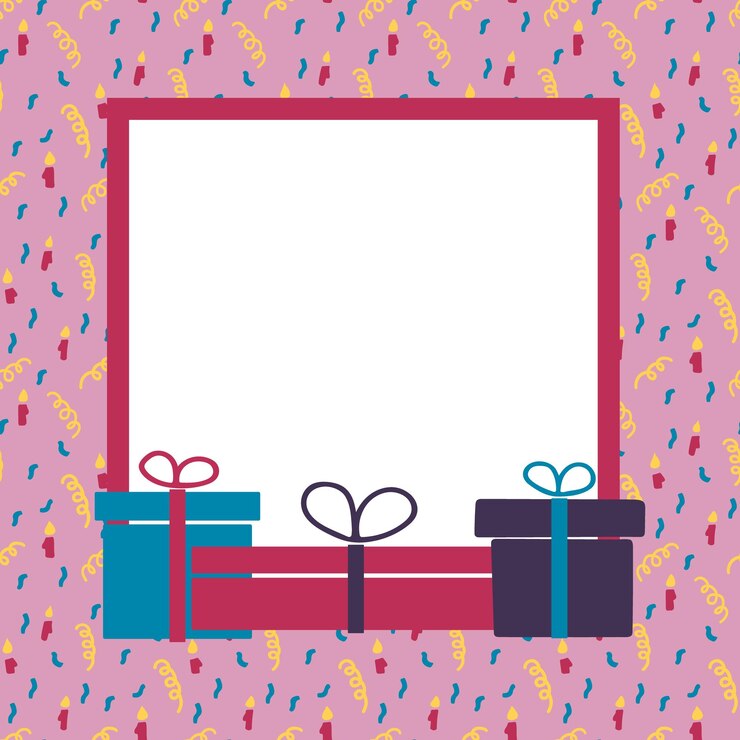 Vector plantilla de marco vectorial con regalos para la fiesta de cumpleaños coloridos confeti dibujados a mano y velas