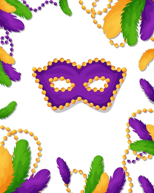 Plantilla de mardi gras para postal, banner, invitación. Máscara de carnaval con plumas y abalorios. Vector