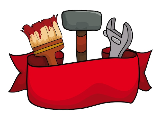 plantilla con martillo de pincel y llave inglesa detrás de la cinta roja en estilo de dibujos animados