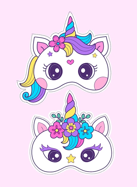 Vector plantilla de máscara imprimible de máscara de unicornio artesanal de bricolaje para disfraz completo y fiesta de cumpleaños de unicornio