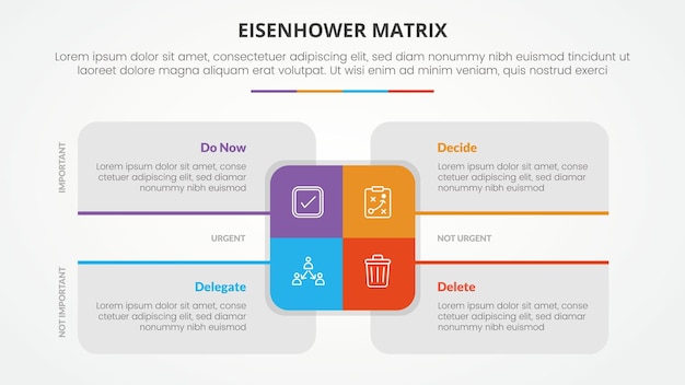 Plantilla de matriz de eisenhower concepto infográfico para presentación de diapositivas con matriz cuadrada creativa en el centro con lista de 4 puntos con vector de estilo plano