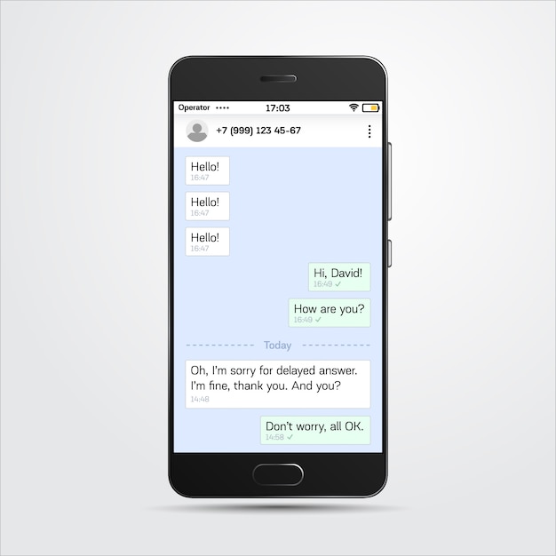 Vector plantilla de mensajería realista dentro del teléfono realista altamente detallado. redes sociales, concepto de plantilla de red social. ventana de chat y messeger. ilustración vectorial