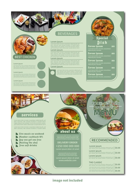 Vector plantilla de menú de alimentos folleto de menú del alimento color verde menú de comida rápida