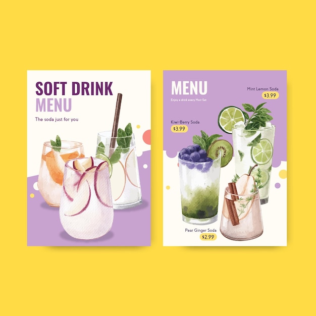 Plantilla de menú de bebidas gaseosas para cafetería y bistro ilustración acuarela