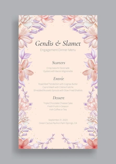 Plantilla de menú de boda floral romántico