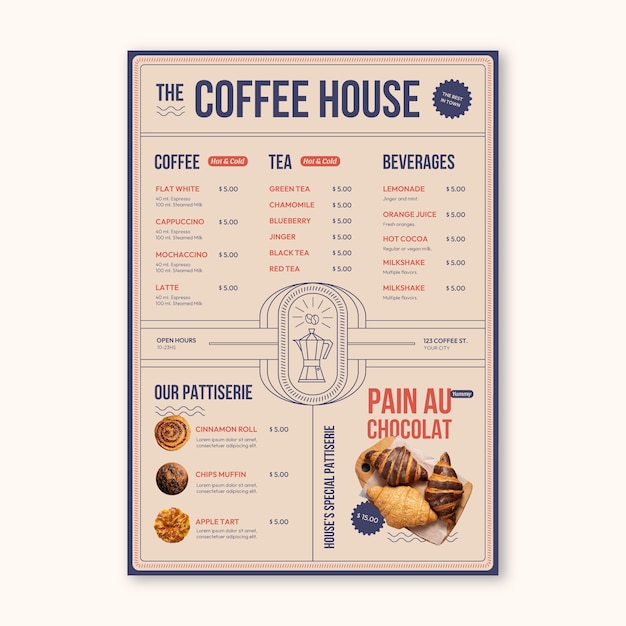 plantilla de menú de café plano