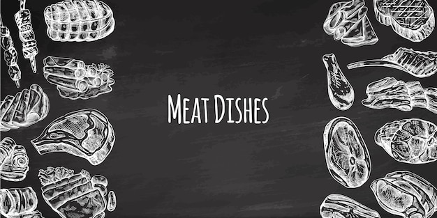 plantilla de menú de carne en estilo vintage grabado en el fondo de la pizarra bocetos dibujados a mano barbacoa