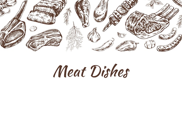 plantilla de menú de carne y verduras en bocetos de estilo grabado de piezas de carne de barbacoa con hierbas