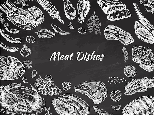 plantilla de menú de carne y verduras en estilo vintage grabado de barbacoa mea en fondo de pizarra