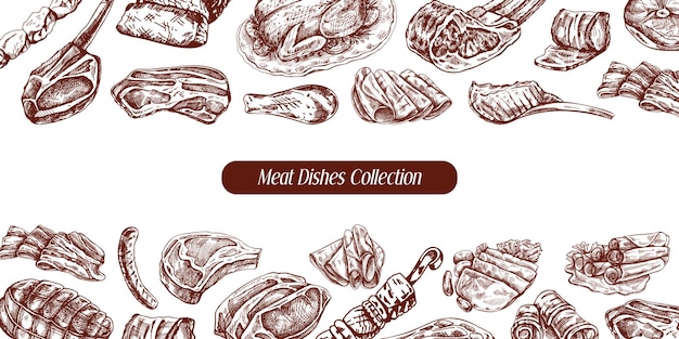 plantilla de menú de carne y verduras en estilo vintage grabado