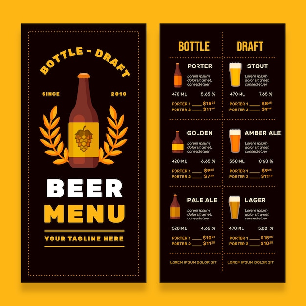 Plantilla de menú de cerveza de diseño plano
