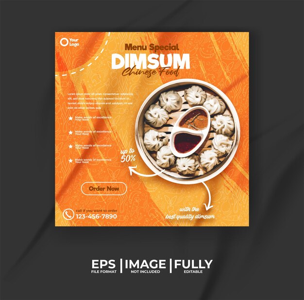 Plantilla de menú de comida china Dimsum con fondo de patrón de alimentos