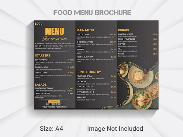 Plantilla de menú de comida de folleto tríptico tamaño A4 de restaurante, diseño de menú de comida de restaurante asiático.