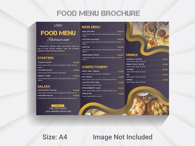 Plantilla de menú de comida de folleto tríptico de tamaño A4 de restaurante, diseño de papel de comida asiática deliciosa.