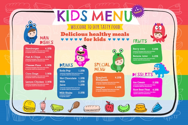 Plantilla de menú de comida para niños colorida linda