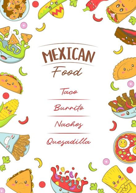Vector plantilla de menú de comida rápida mexicana con comida kawaii en estilo de garabato de dibujos animados afiche para feria de comida y fiesta