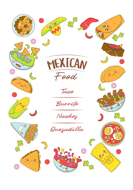 Plantilla de menú de comida rápida mexicana con comida kawaii en estilo de garabato de dibujos animados afiche para feria de comida y fiesta