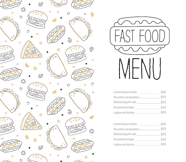 plantilla de menú de comida rápida platos sabrosos restaurante o cafetería elemento de diseño comida deliciosa menú de portada diseño ilustración vectorial lineal