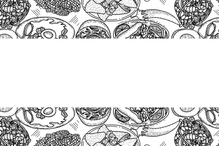 Vector plantilla de menú de comida vectorial cocina latinoamericana bocetos en blanco y negro dibujados a mano de comida mexicana