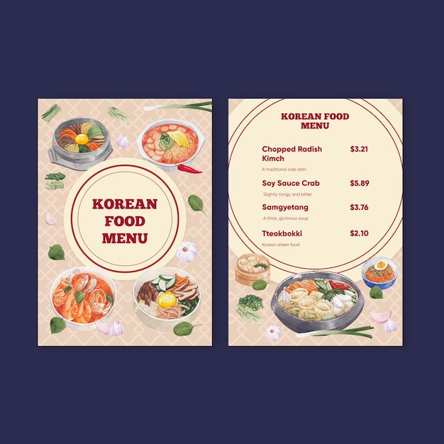 Plantilla de menú con concepto de comida coreana, estilo acuarela