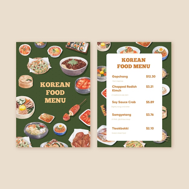 Plantilla de menú con concepto de comida coreana, estilo acuarela