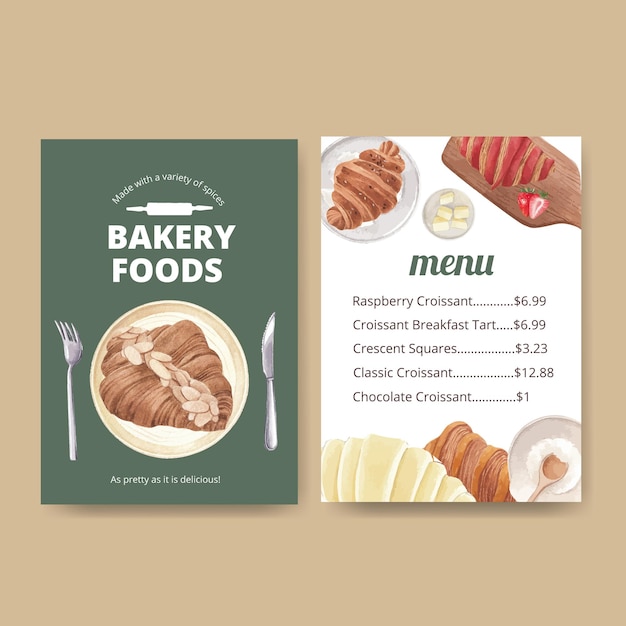 Plantilla de menú con concepto de croissant, estilo acuarela