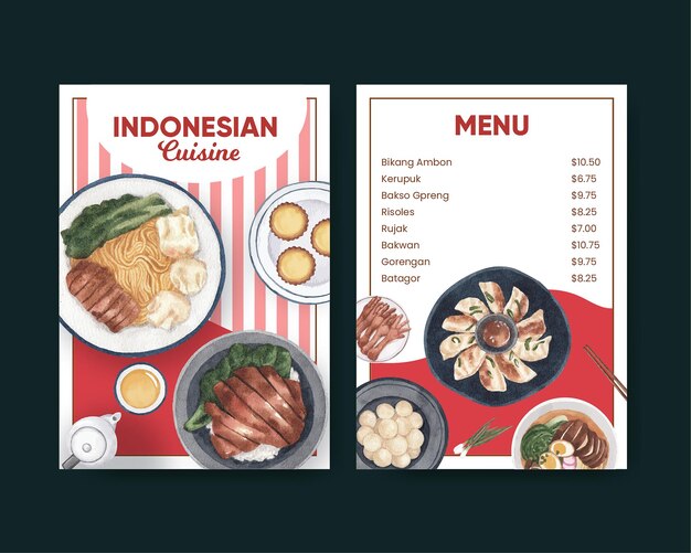 Plantilla de menú con concepto de crucero indonesio, estilo acuarela