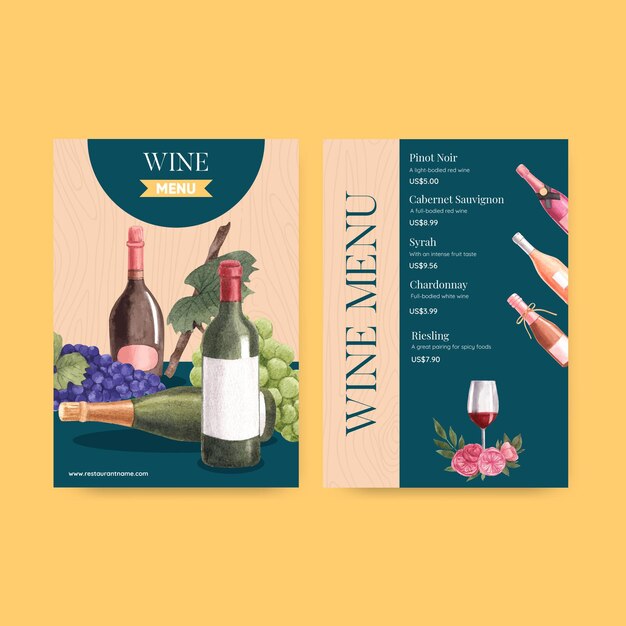 Plantilla de menú con concepto de fiesta de vino, estilo acuarela