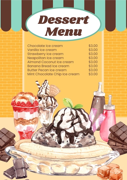 Vector plantilla de menú con concepto de helado sundae estilo acuarela