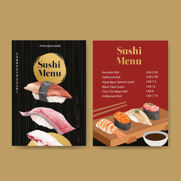 Plantilla de menú con concepto de sushi premium, estilo waterolor