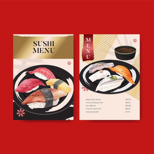 Vector plantilla de menú con concepto de sushi premium, estilo waterolor