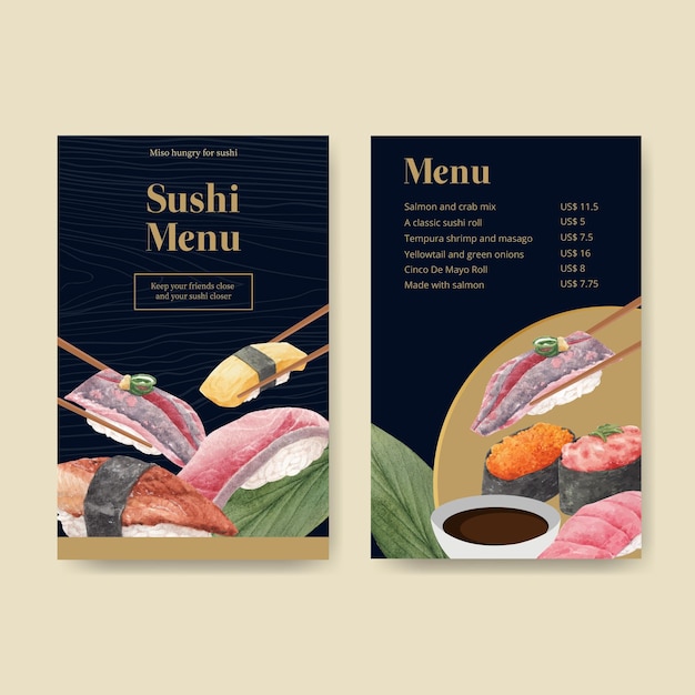 Plantilla de menú con concepto de sushi premium, estilo waterolor