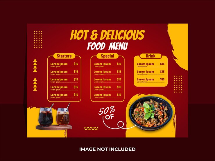 Vector plantilla de menú de diseño horizontal de alimentos calientes y deliciosos